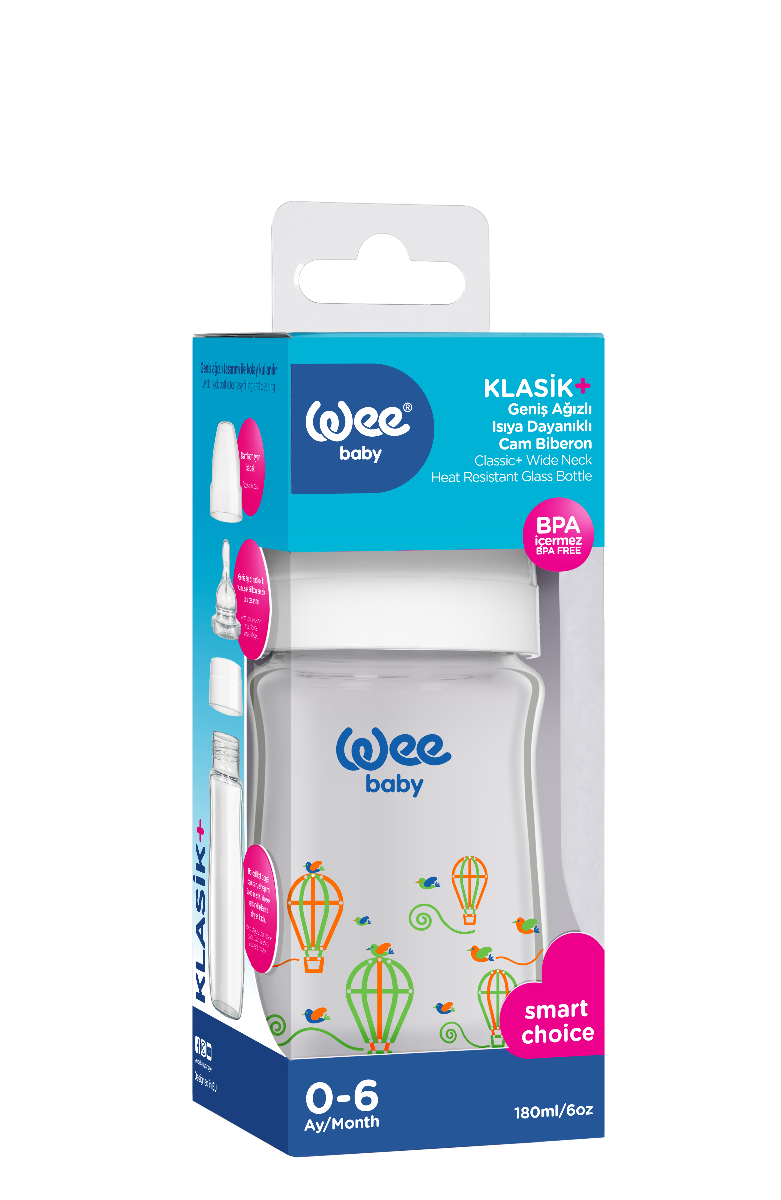 Wee Baby Heat Resistant Patterned  Classical Wide Neck Glass Fedding Bottle 180ml (Sold Separately Subject to Availability)