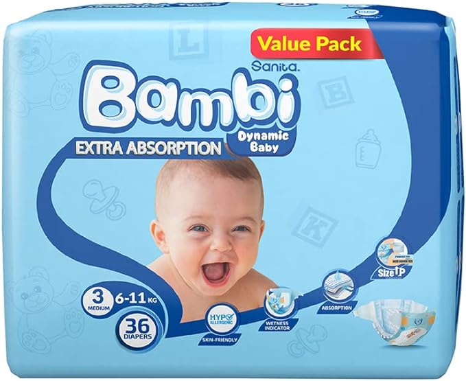 Bambi Baby Diapers Value Pack Size 3 Medium 6-11 KG 36 Count