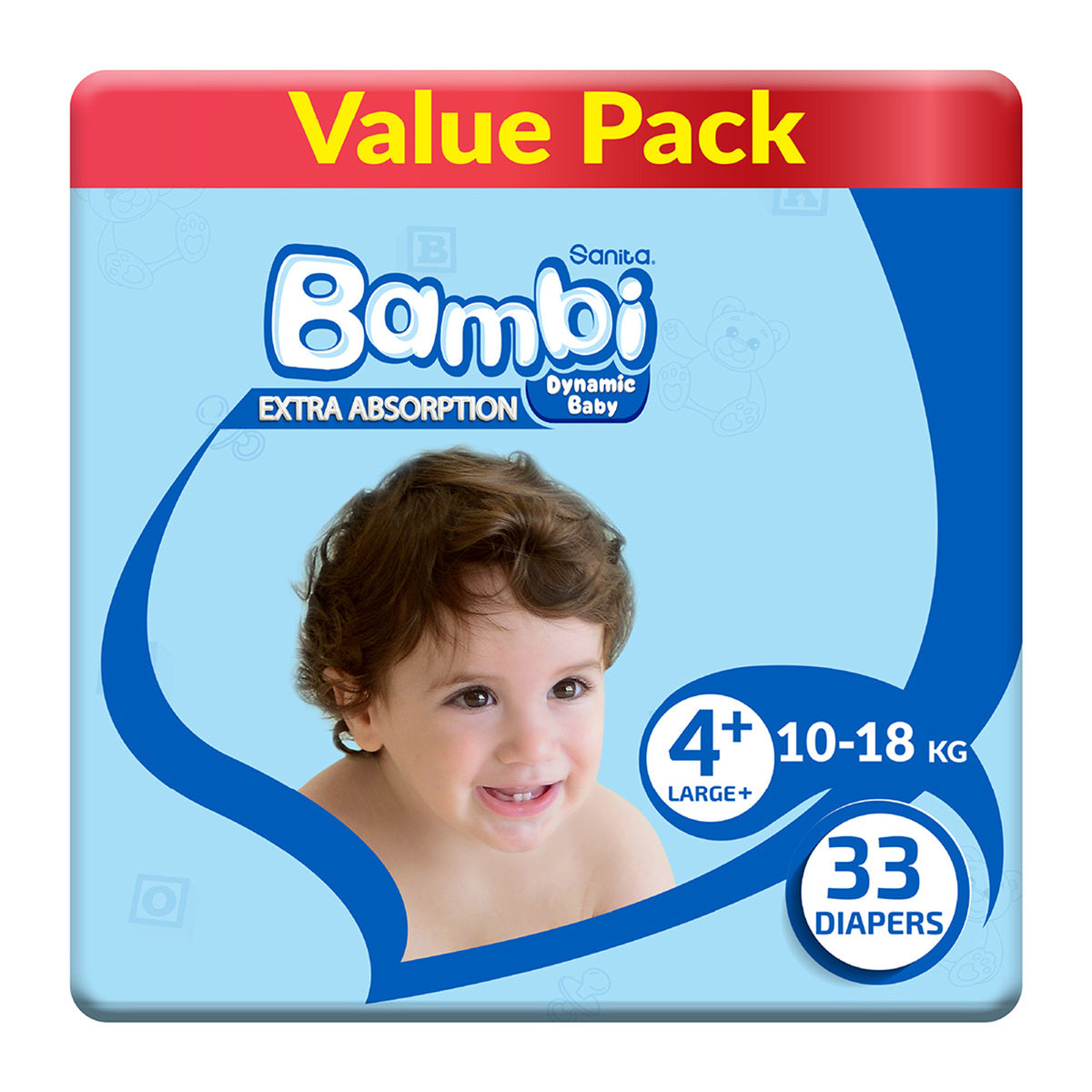 Bambi Baby Diaper Value Pack Size 4+ Large Plus 10-18kg 33 pcs