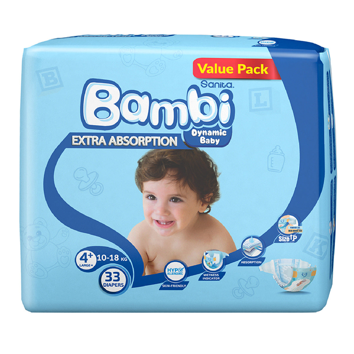 Bambi Baby Diaper Value Pack Size 4+ Large Plus 10-18kg 33 pcs