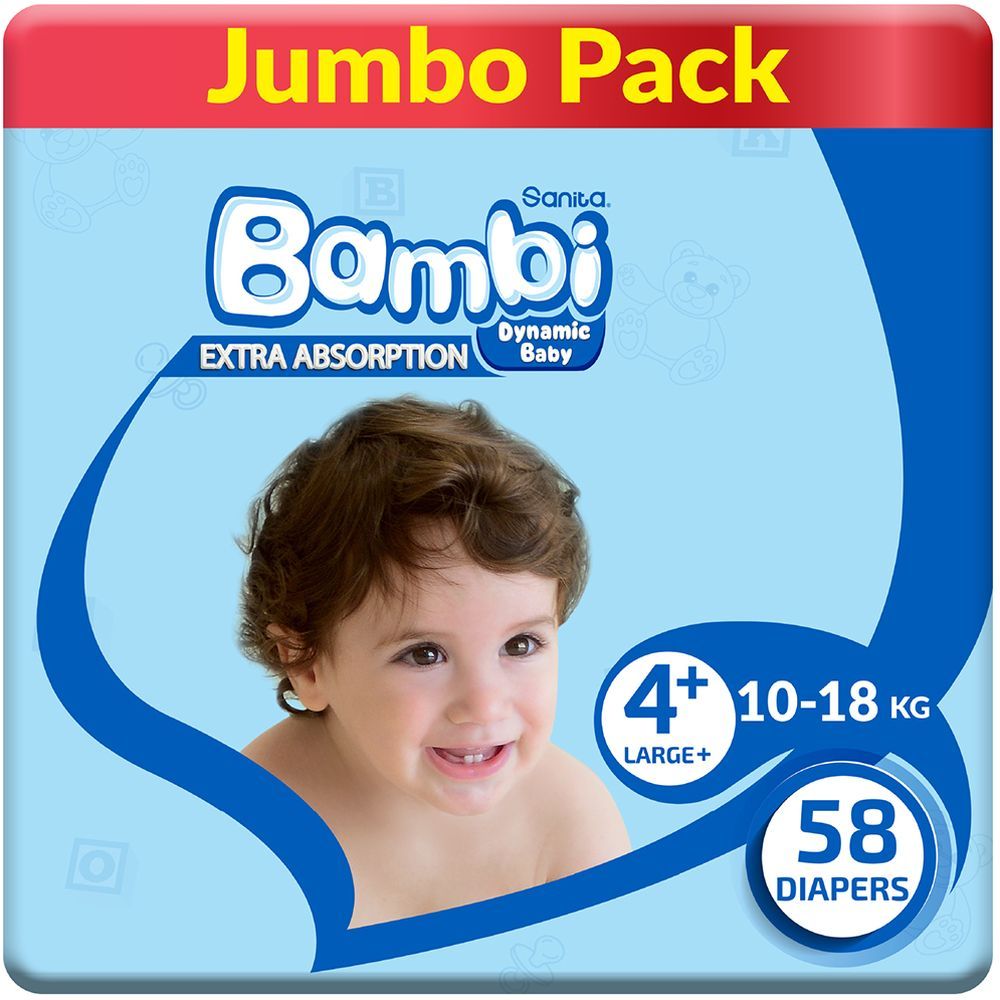 Bambi Sanita Baby Diapers Jumbo Pack Size 4+ Large Plus 10-18 Kg 58 Count