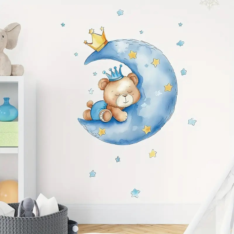 ملصقات حائط بتصميم عصري على شكل دب كرتوني على القمر قطعة واحدة