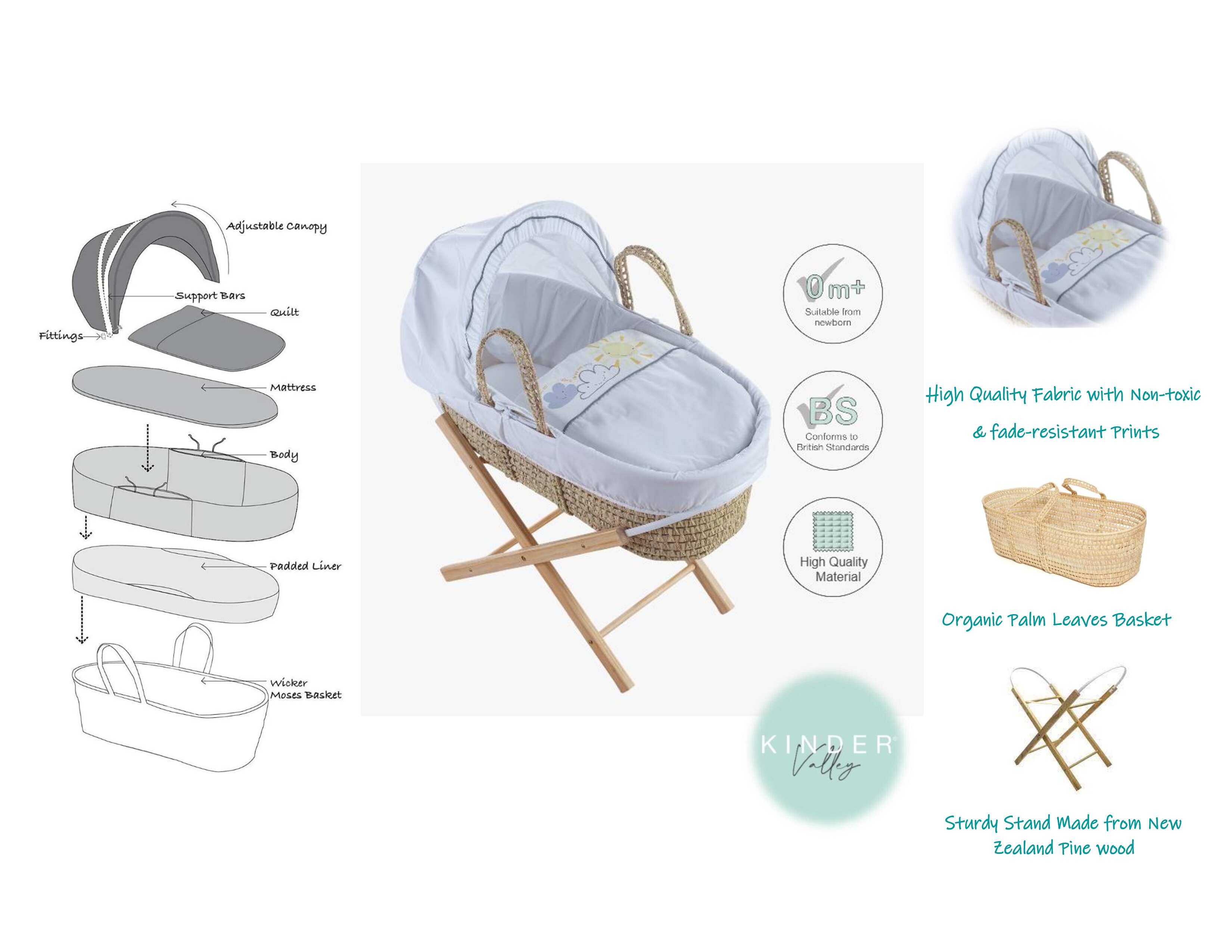 Kinder Valley Little Sunshine Moses Basket With Natural Stand