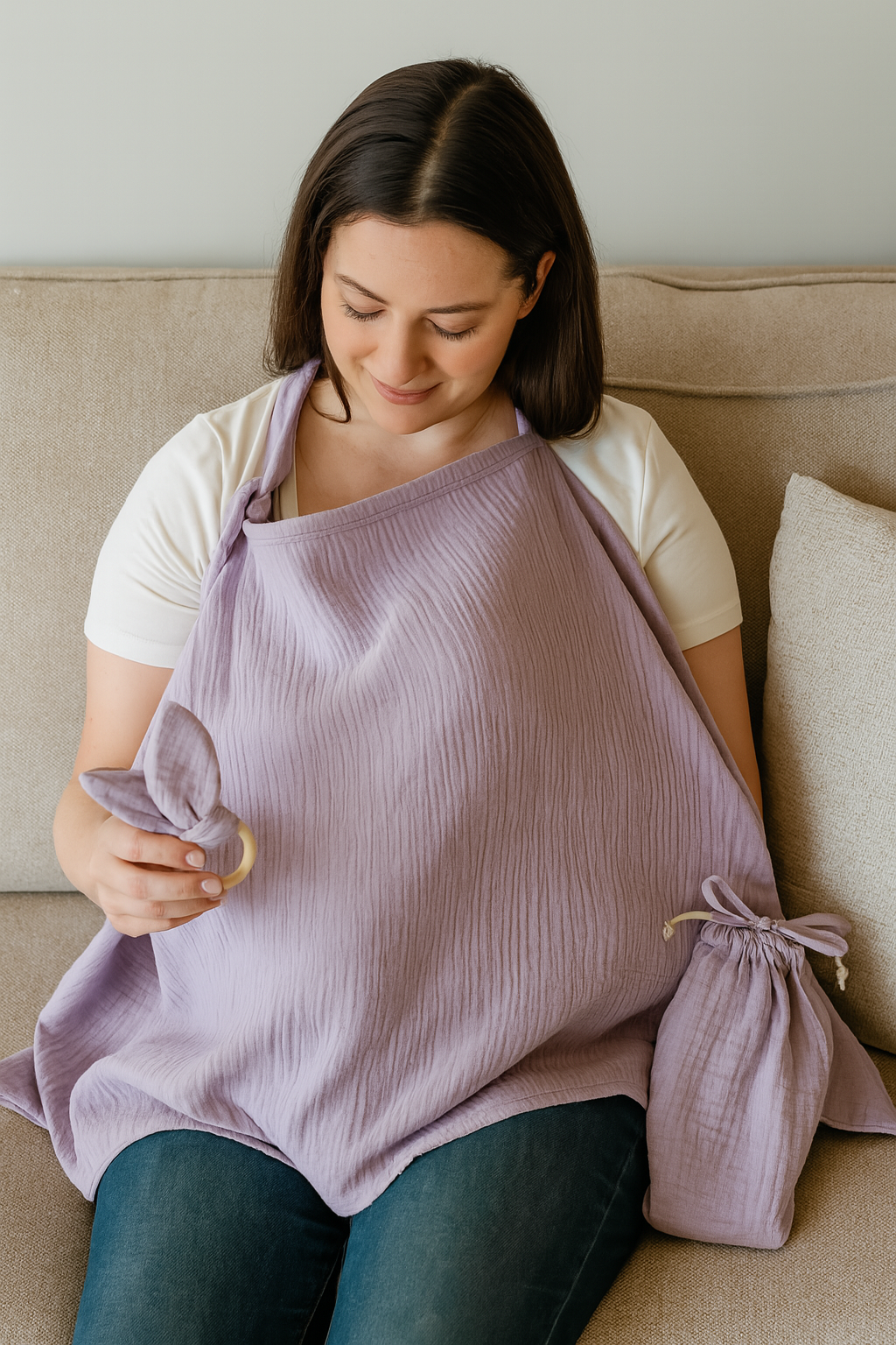 Kinder Valley Aura Breastfeeding Cover Set with Rabbit Ear Cloth Teether Mauve