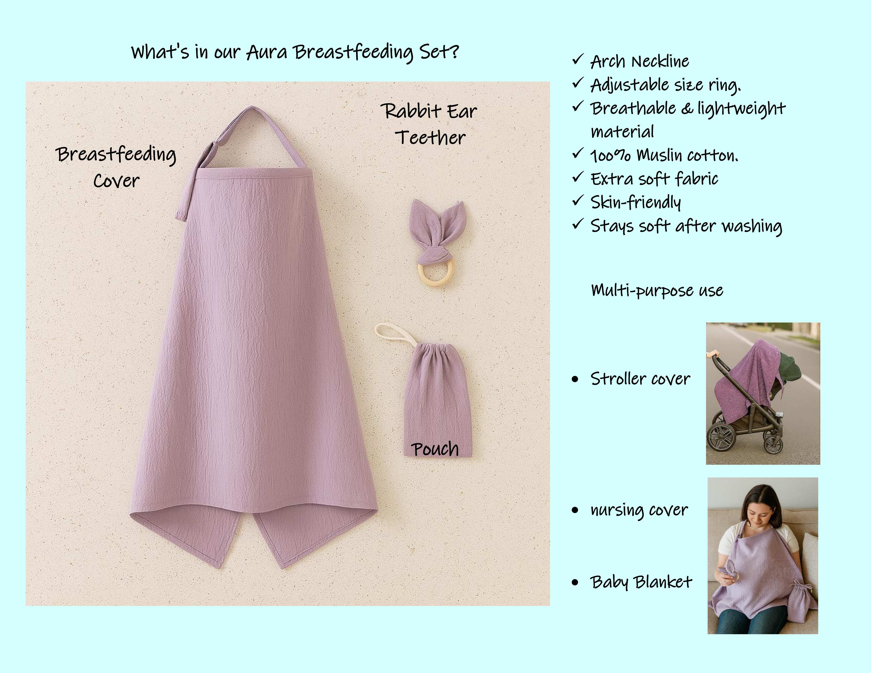 Kinder Valley Aura Breastfeeding Cover Set with Rabbit Ear Cloth Teether Mauve