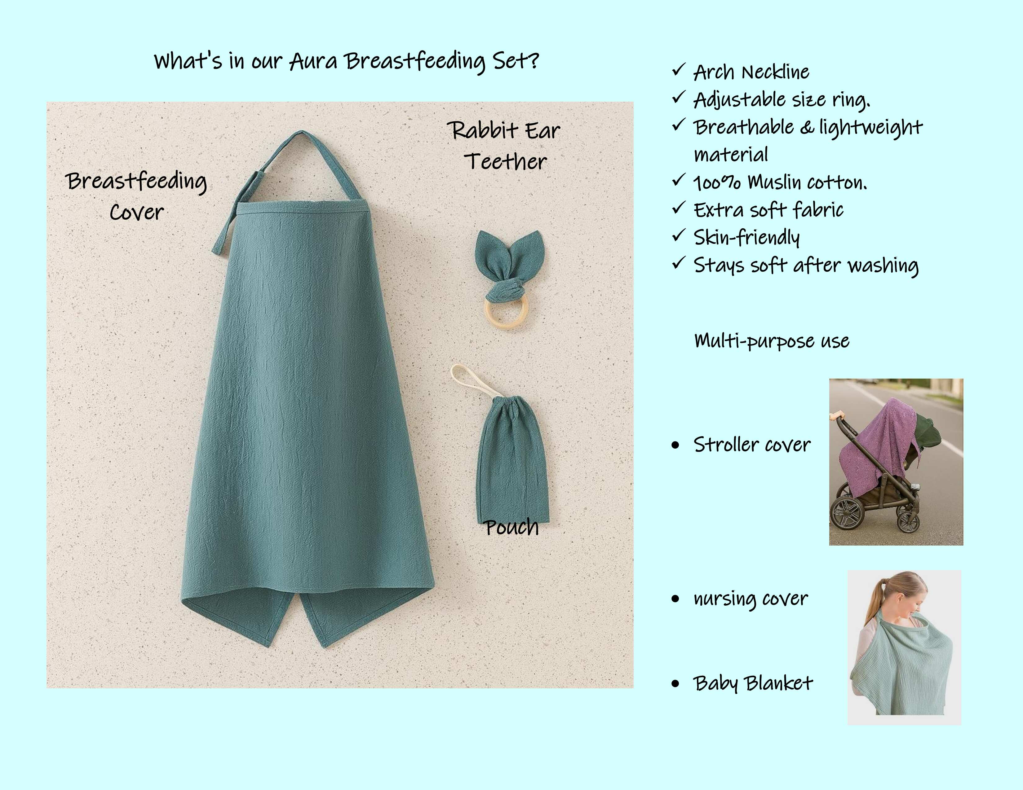Kinder Valley Aura Breastfeeding Cover Set with Rabbit Ear Cloth Teether Teal