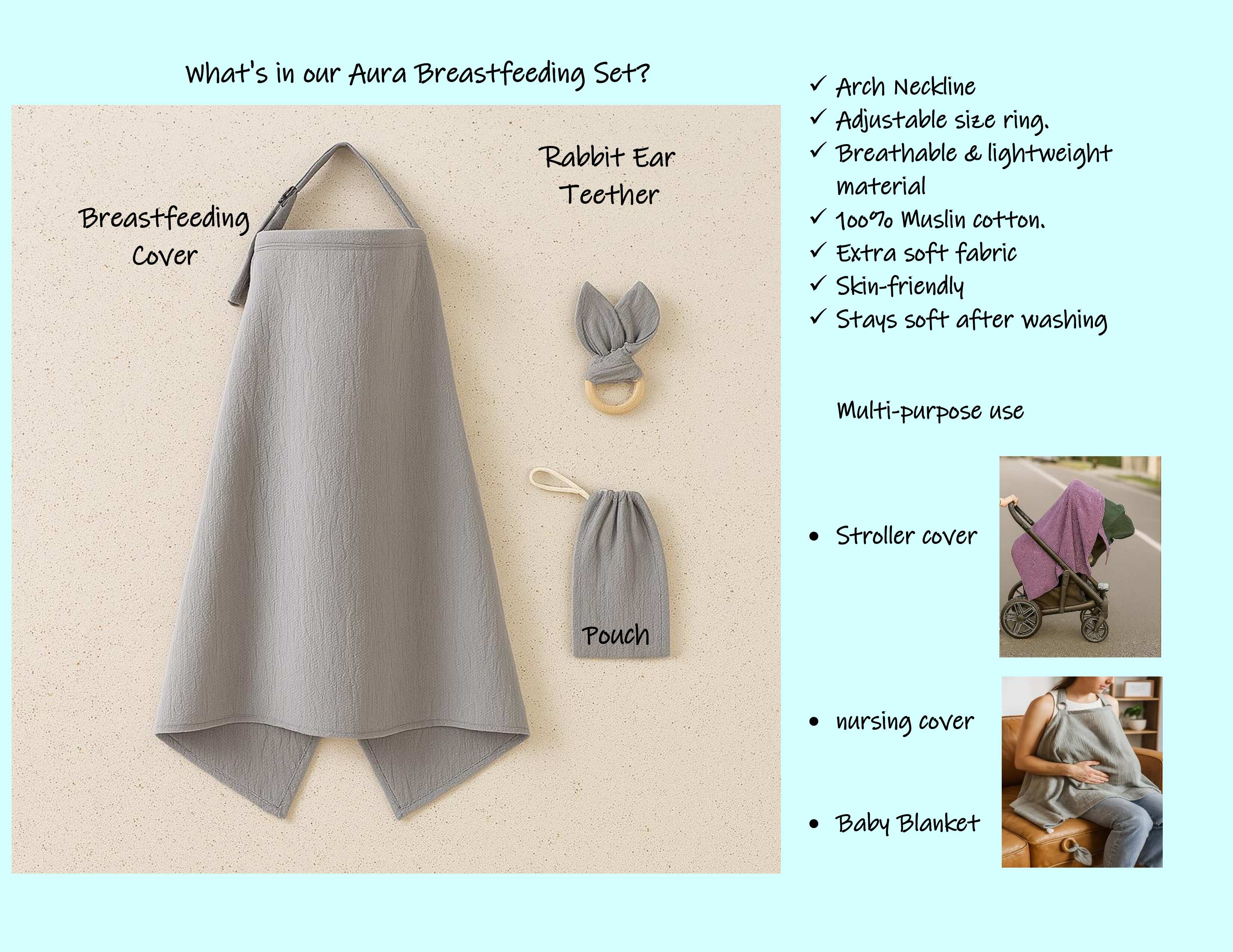 Kinder Valley Aura Breastfeeding Cover Set with Rabbit Ear Cloth Teether Grey