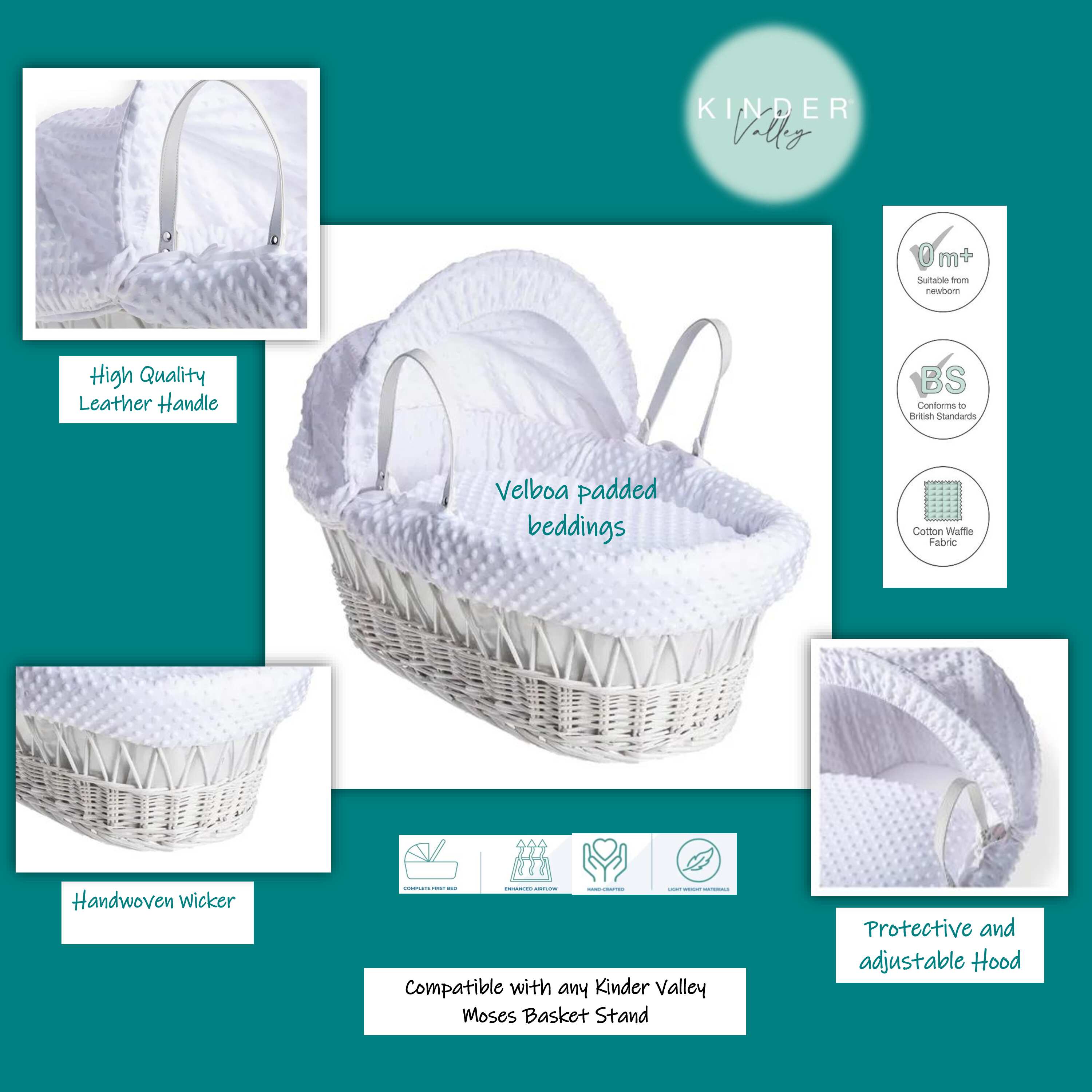 Kinder Valley White Dimple Wicker Moses Basket White