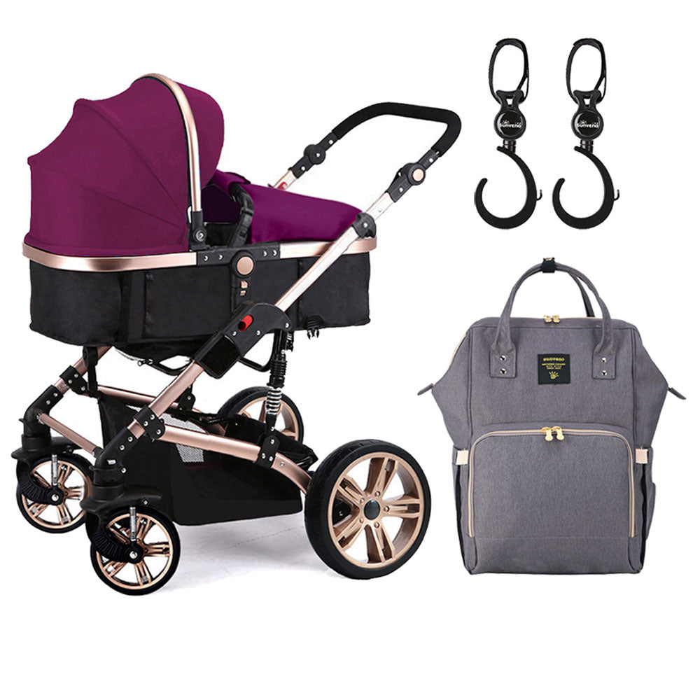 Teknum  3 In 1 Pram Stroller Story  Sunveno Diaper Bag & Hooks Wine Grey