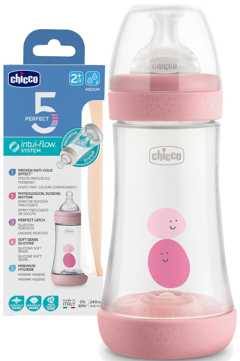 Chicco Perfect5 Bottle For Girls 2M+ - 240Ml - Medium Flow - Silicone