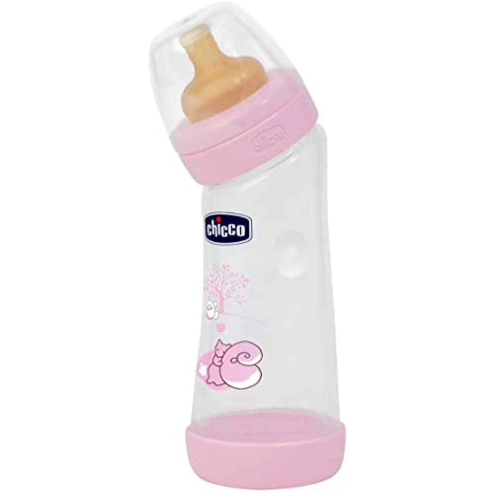 Chicco Baby Well Being Angled Feeding Bottle For Girls - 250Ml - Normal Flow - 0M+ - Silicone