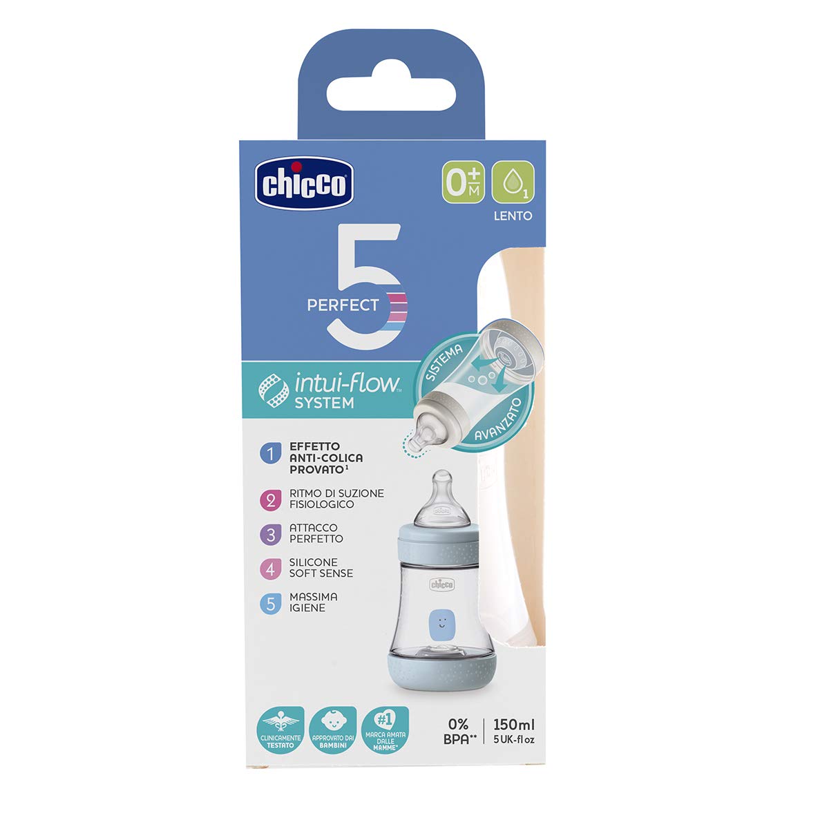 Chicco Perfect5 Bottle for Boys 0M+ - 150ML - Slow Flow - Silicone
