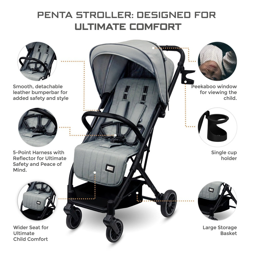 Neobreez Penta Compact Lightweight Travel Stroller with Cup Holder Medium Grey