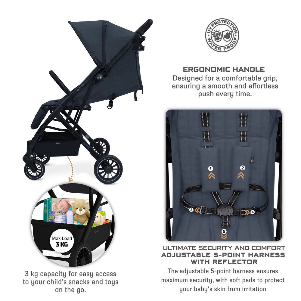 Neobreez Penta Compact Lightweight Travel Stroller with Cup Holder Black/Grey
