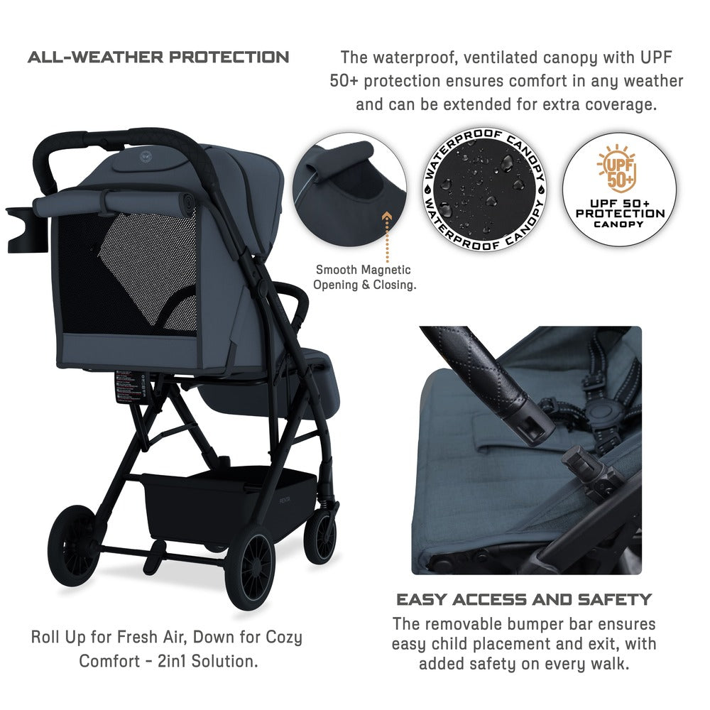 Neobreez Penta Compact Lightweight Travel Stroller with Cup Holder Black/Grey