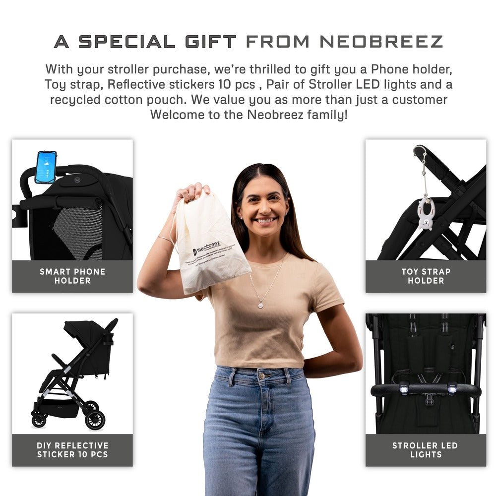 Neobreez Penta Compact Lightweight Travel Stroller with Cup Holder Black