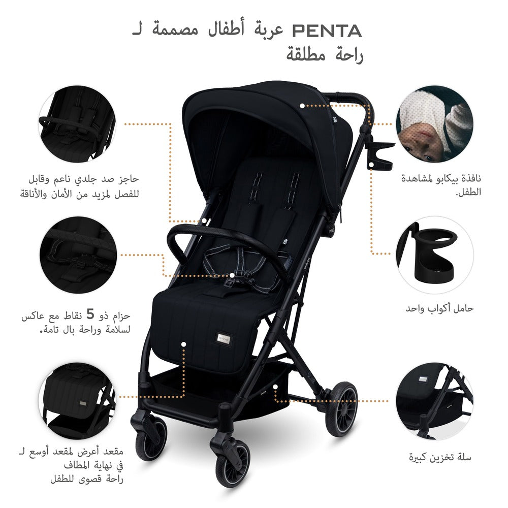 Neobreez Penta Compact Lightweight Travel Stroller with Cup Holder Black