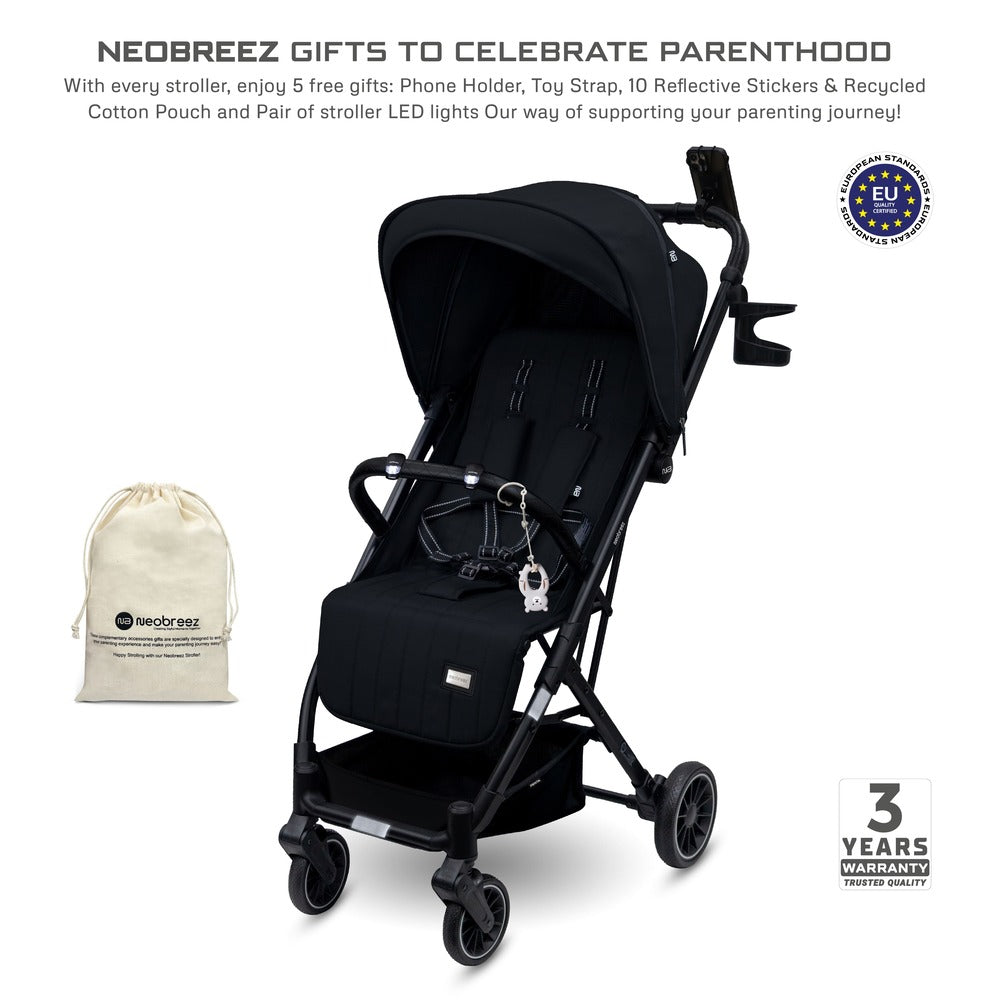 Neobreez Penta Compact Lightweight Travel Stroller with Cup Holder Black