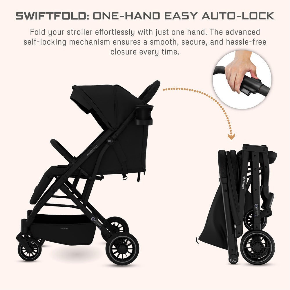 Neobreez Penta Compact Lightweight Travel Stroller with Cup Holder Black