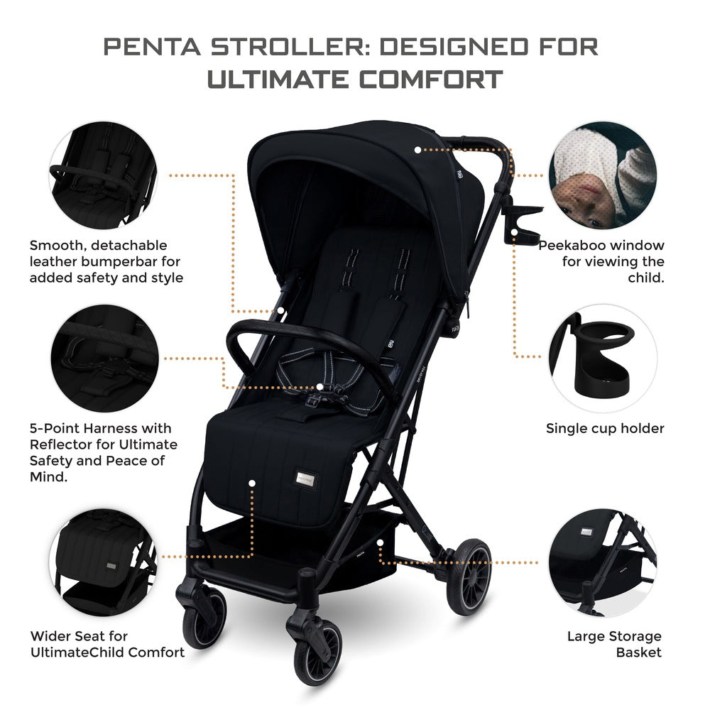 Neobreez Penta Compact Lightweight Travel Stroller with Cup Holder Black
