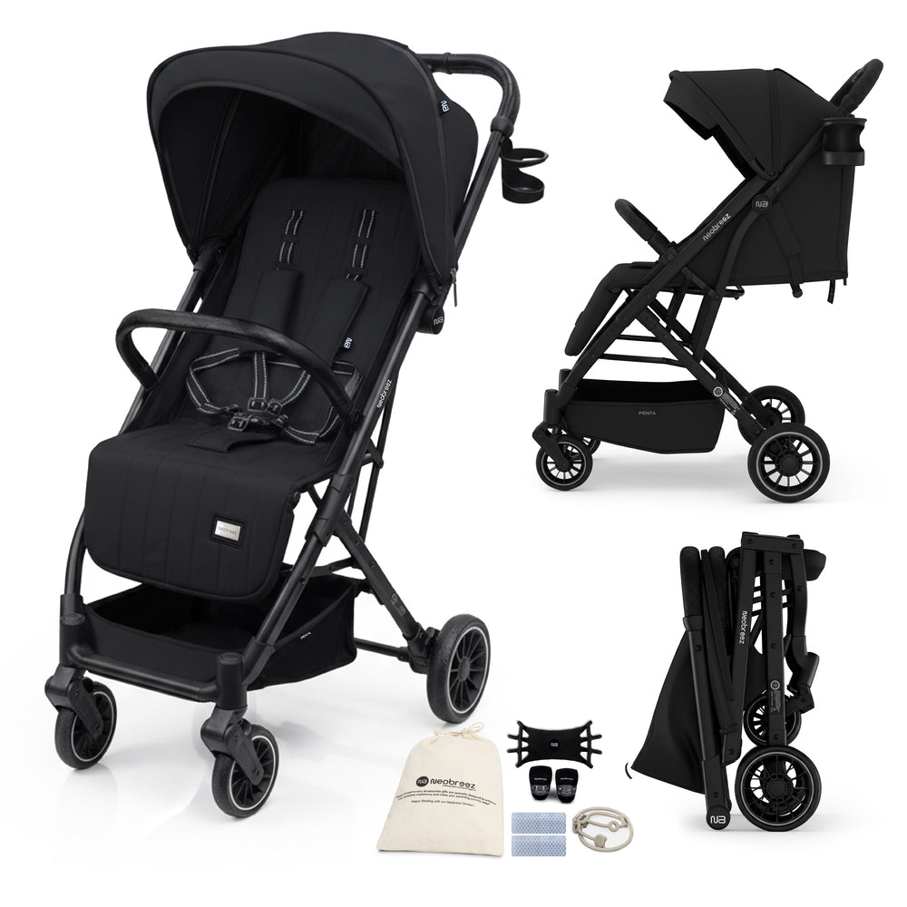 عربة أطفال خفيفة الوزن ومدمجة من نيو بريز بنتا مع حامل أكواب باللون الأسود