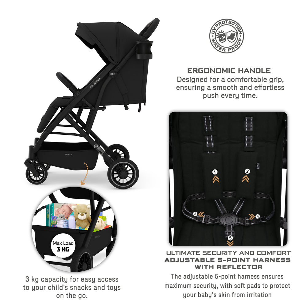 Neobreez Penta Compact Lightweight Travel Stroller with Cup Holder Black