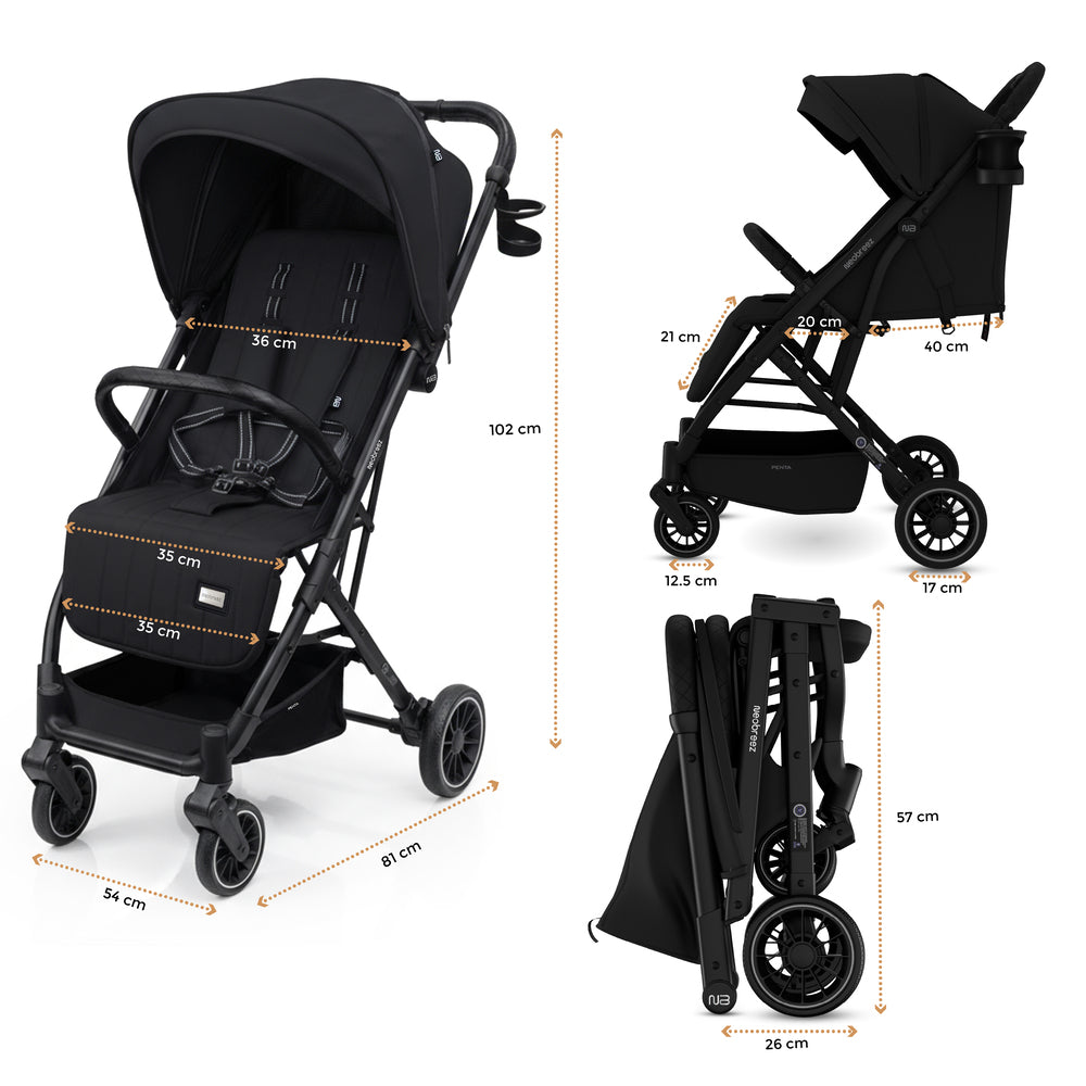 Neobreez Penta Compact Lightweight Travel Stroller with Cup Holder Black