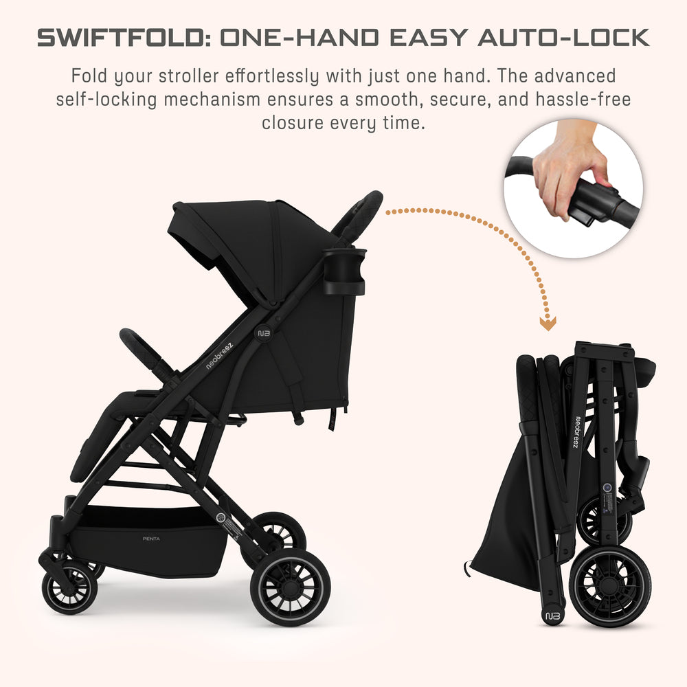 Neobreez Penta Compact Lightweight Travel Stroller with Cup Holder Black