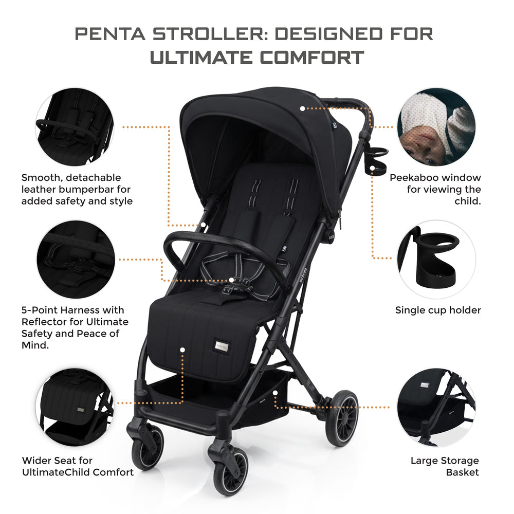 Neobreez Penta Compact Lightweight Travel Stroller with Cup Holder Black