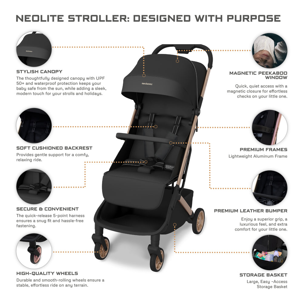 Neobreez Neolite Ultra Lightweight Cabin Size Travel Stroller Black