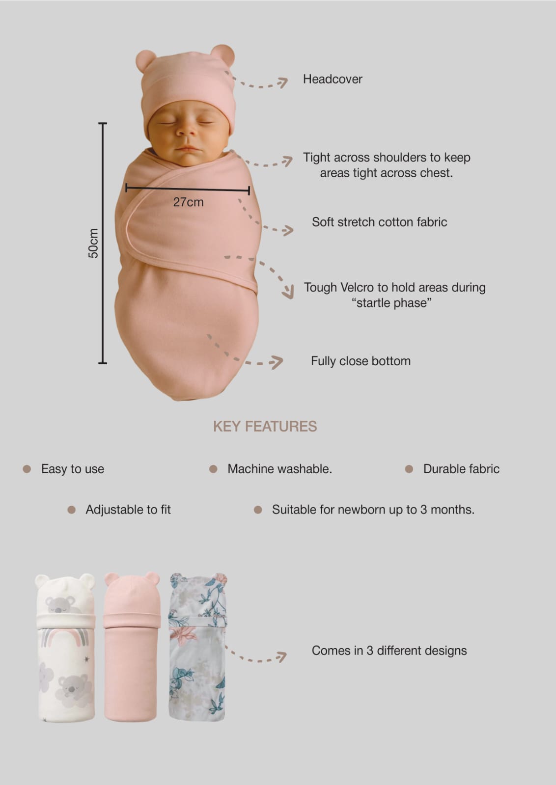 Kinder Valley Adjustable Cocoon Swaddle Swrap Trio Headcover