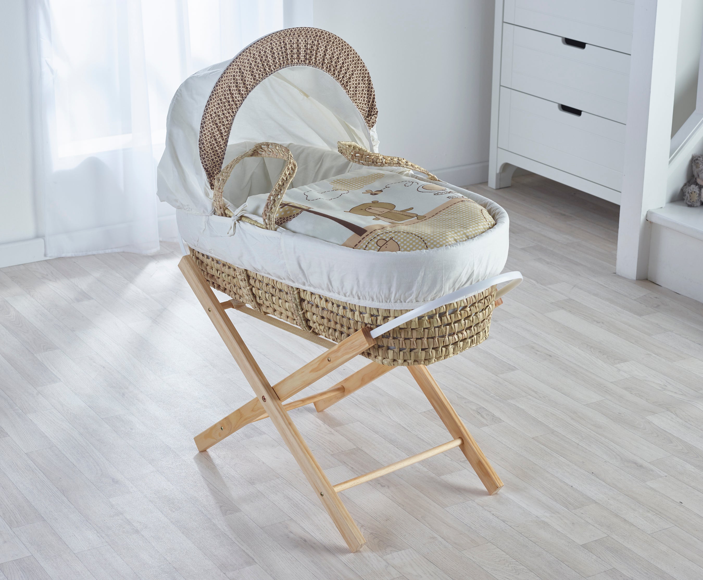 Kinder Valley Tiny Ted Cream Palm Moses Basket with Folding Stand Natural