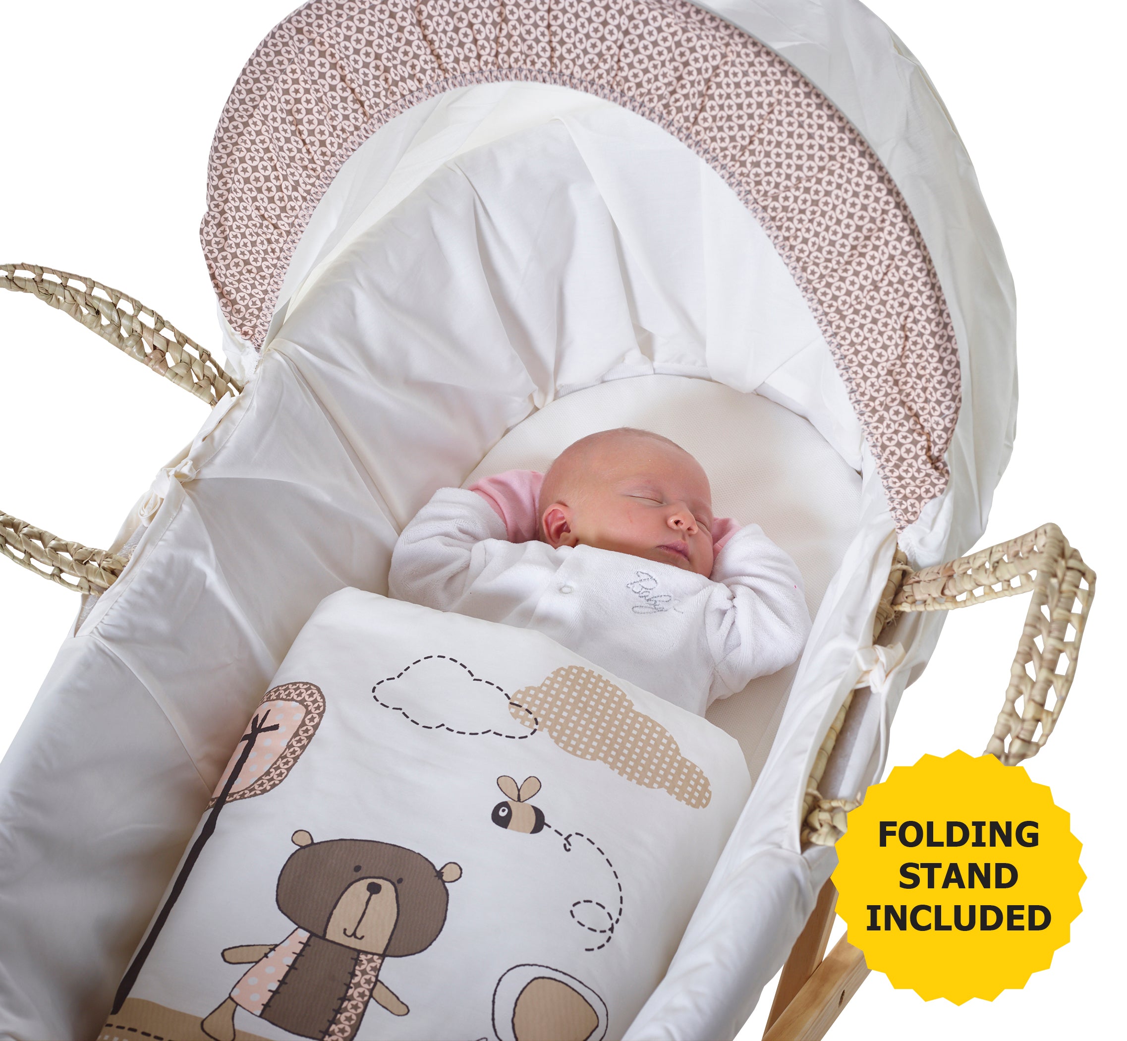 Kinder Valley Tiny Ted Cream Palm Moses Basket with Folding Stand Natural