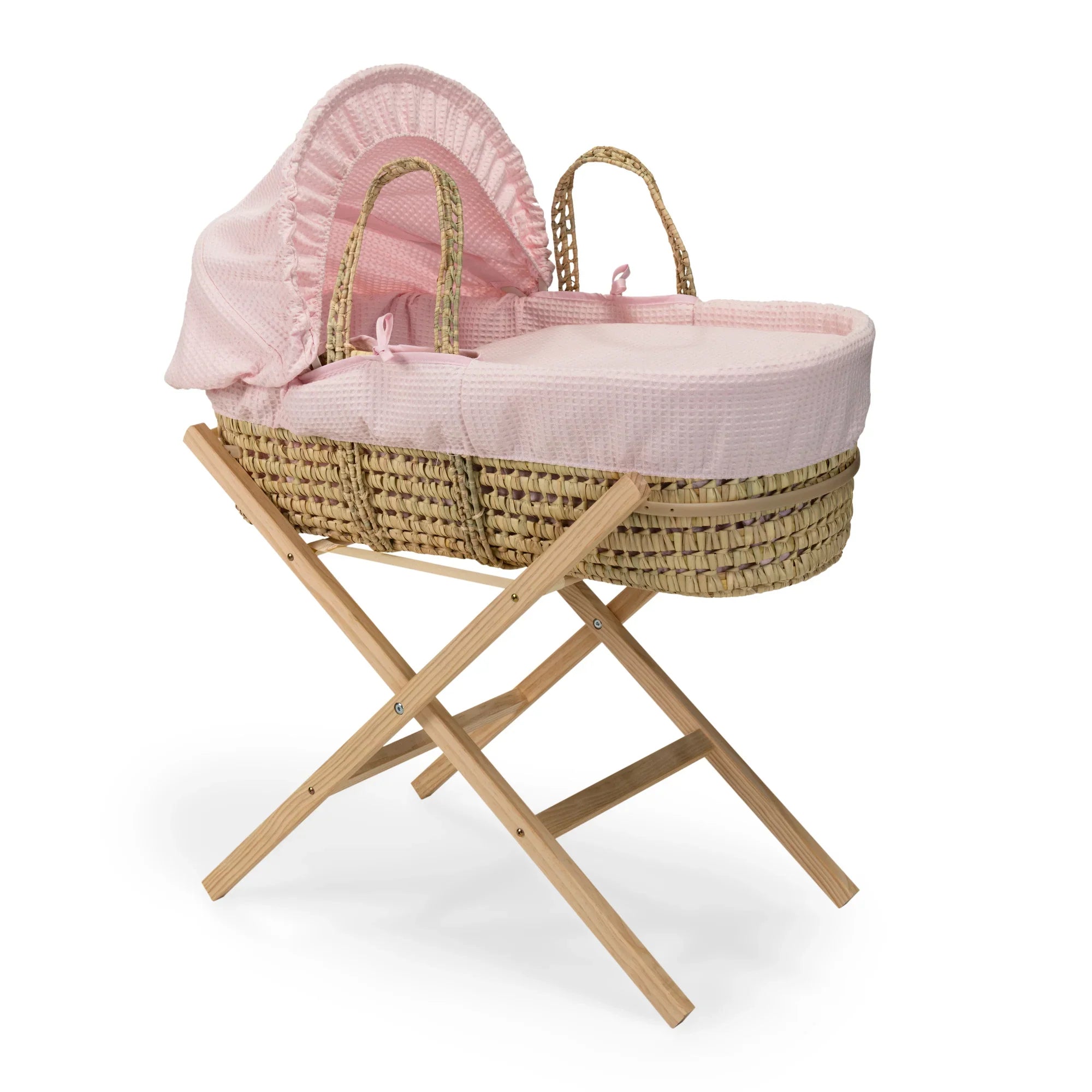 Kinder Valley Elegant Waffle Moses Basket With Folding Stand Pink