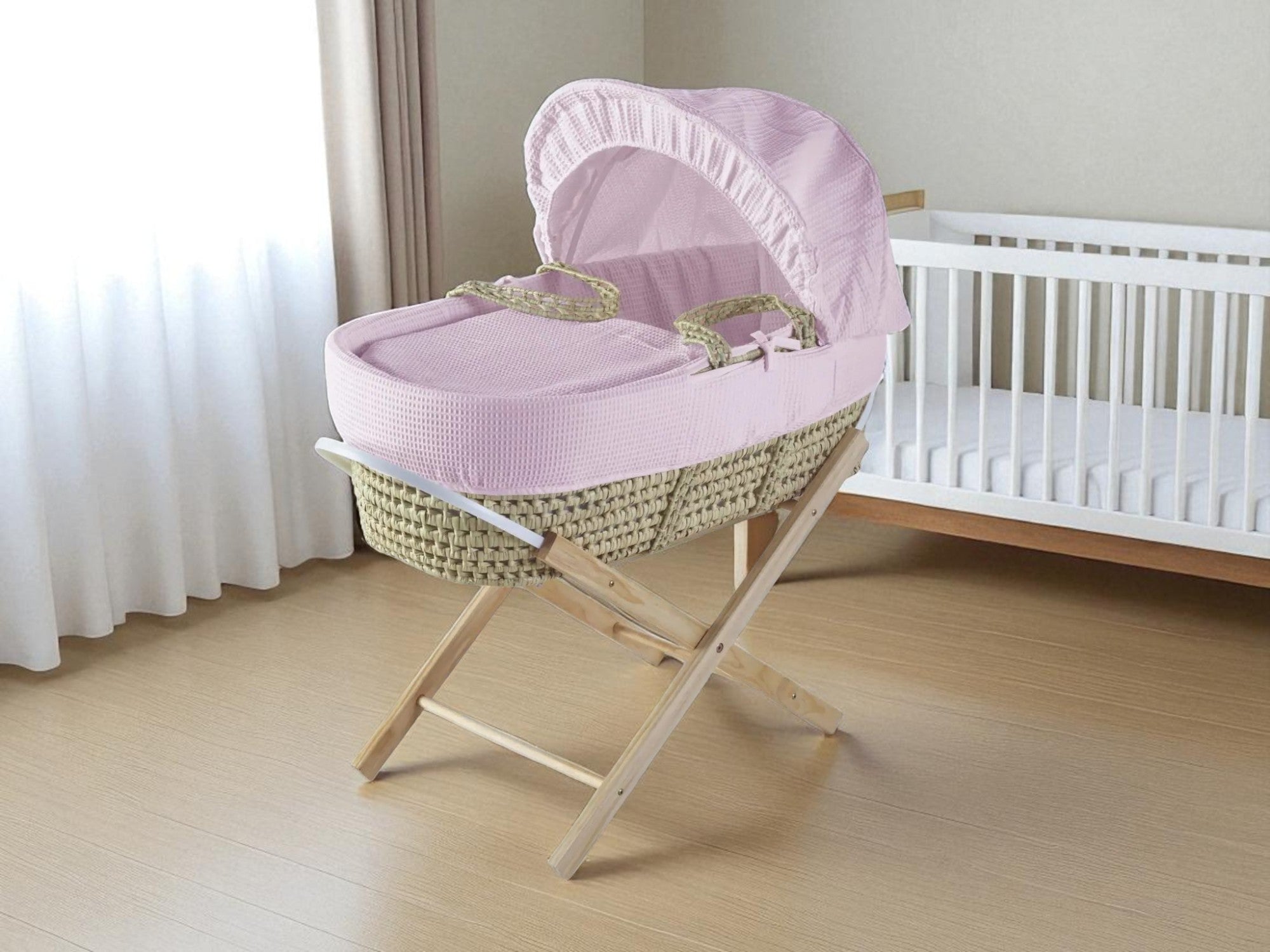 Kinder Valley Elegant Waffle Moses Basket With Folding Stand Pink