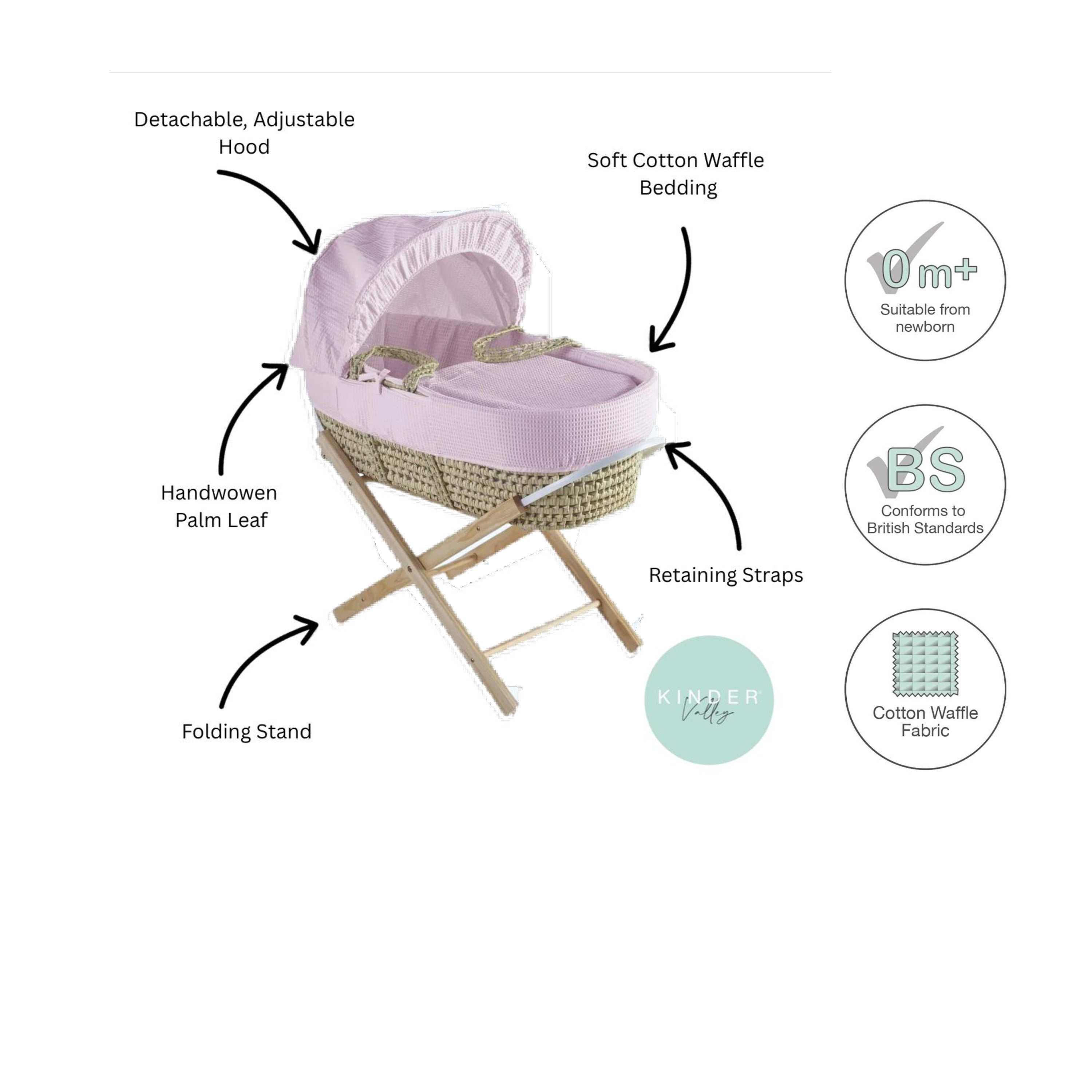 Kinder Valley Elegant Waffle Moses Basket With Folding Stand Pink