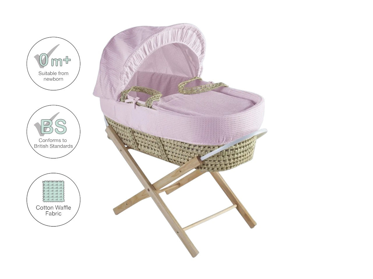 Kinder Valley Elegant Waffle Moses Basket With Folding Stand Pink
