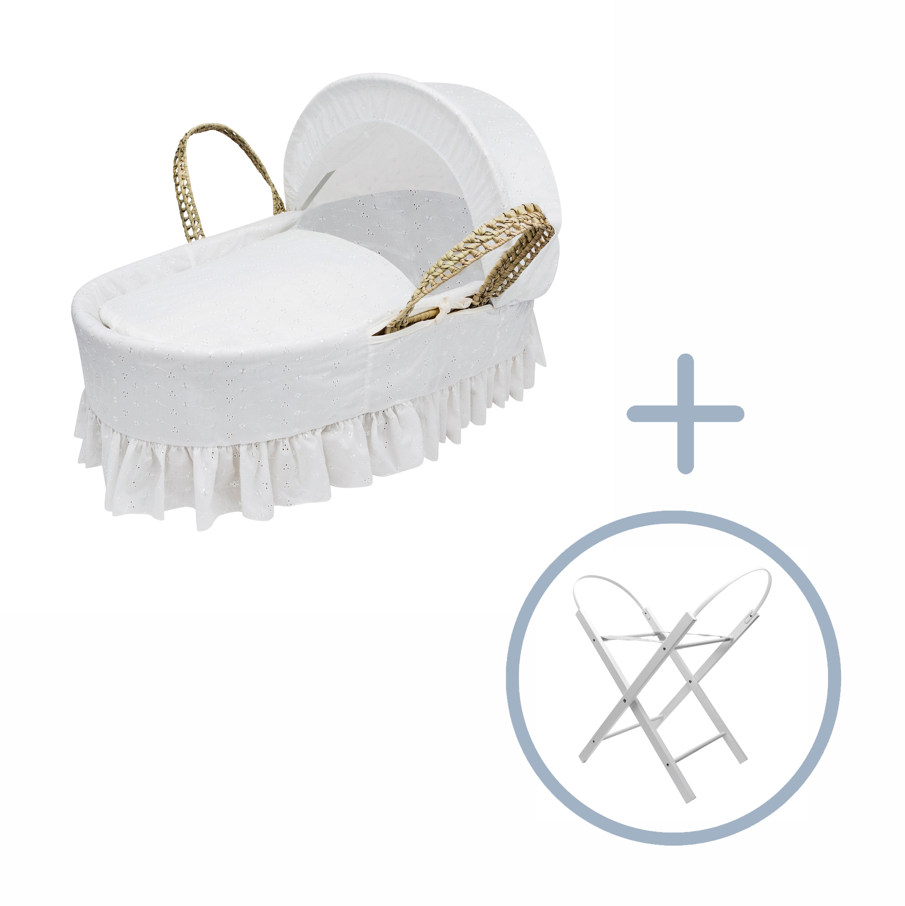 Kinder Valley Broderie Anglaise White Palm Moses Basket with Folding Stand