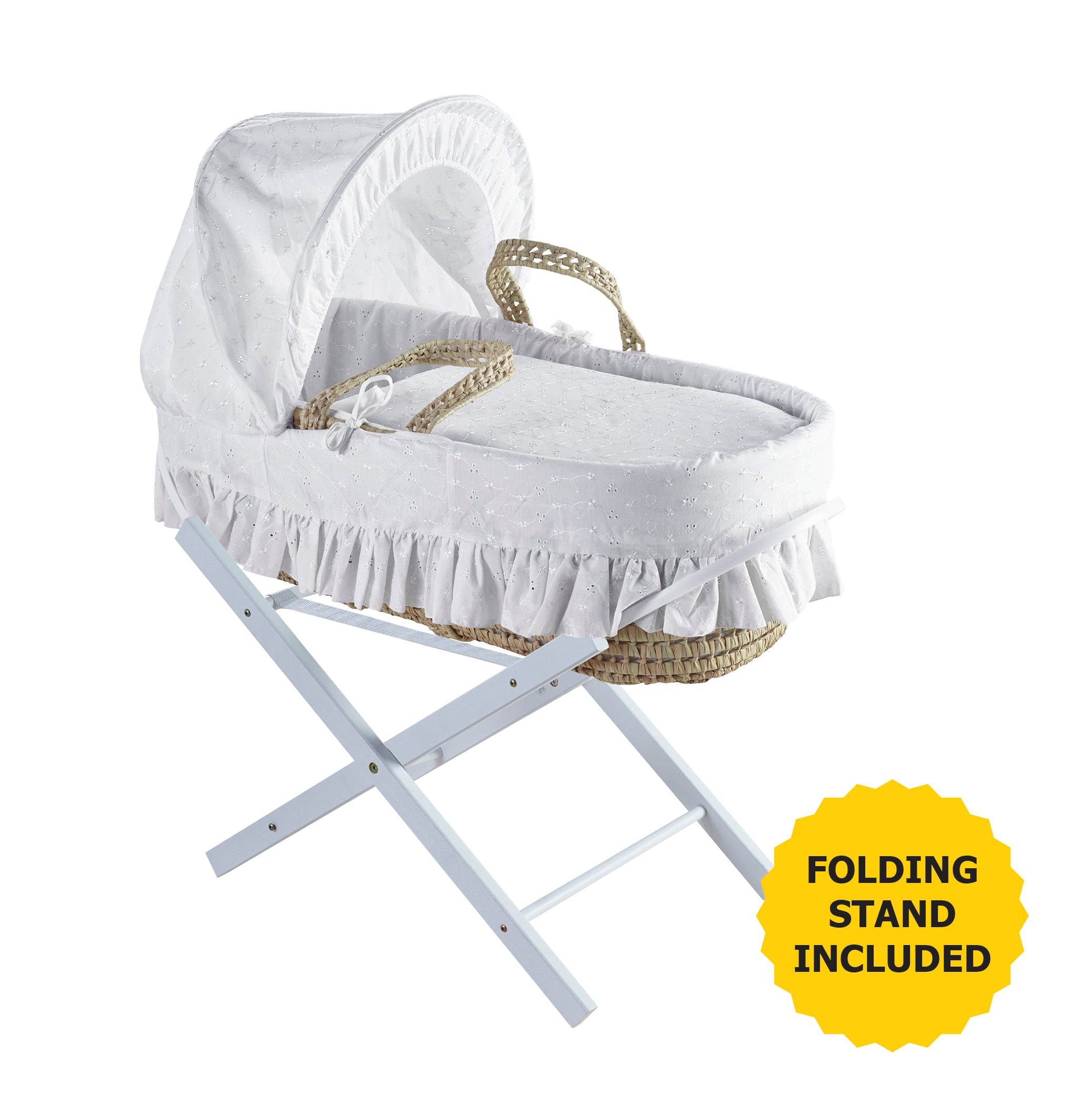 Kinder Valley Broderie Anglaise White Palm Moses Basket with Folding Stand