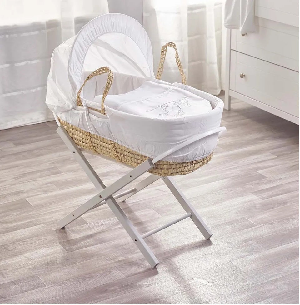 Kinder Valley White Teddy Wash Day Palm Moses Basket with Folding Stand Grey