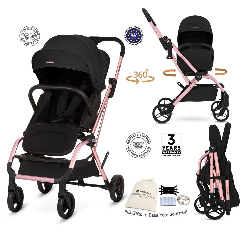 Neobreez Octa 360 Degree Rotate Lightweight Compact Travel Stroller Black