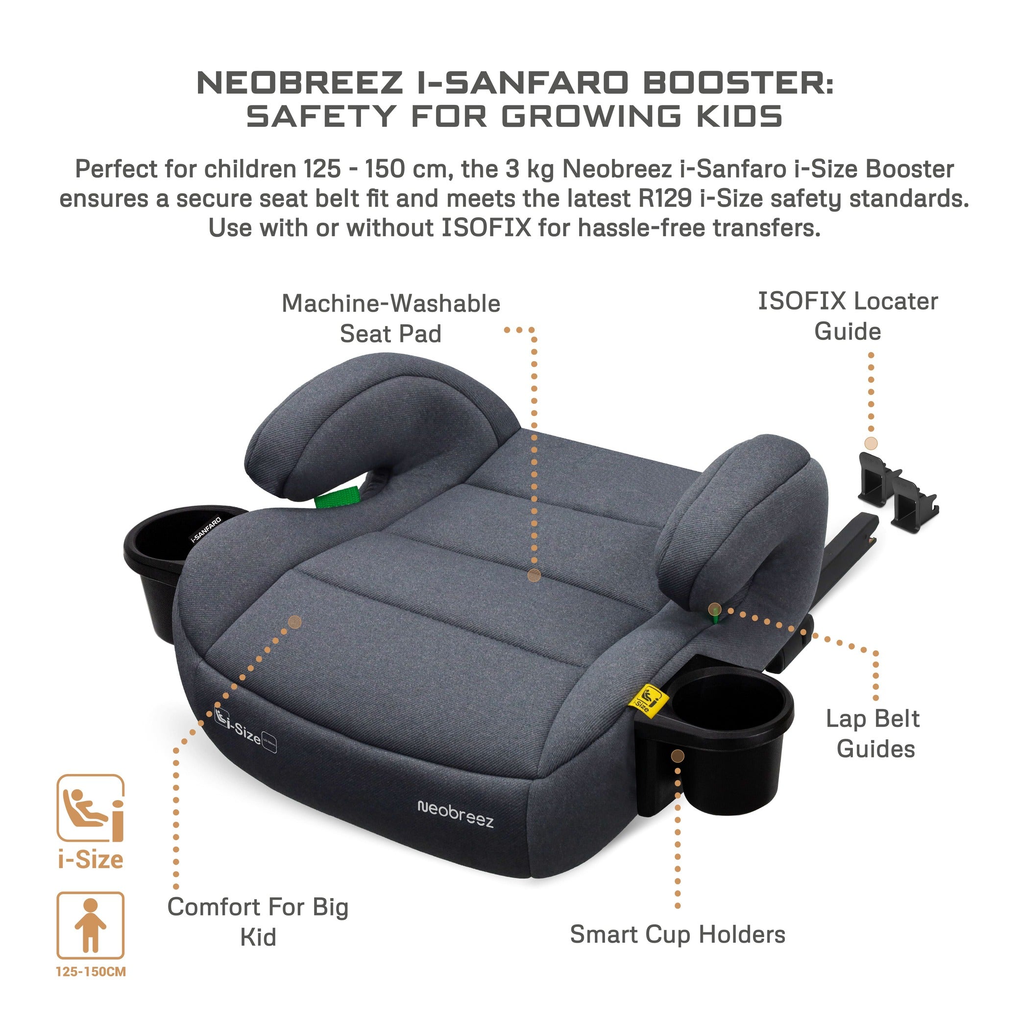Neobreez i Sanfaro Isofix Backless Booster i Size Car Seat Grey