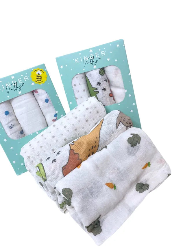 Kinder Valley Muslin Blanket Set Pack of 3  Bunny Dino and Star