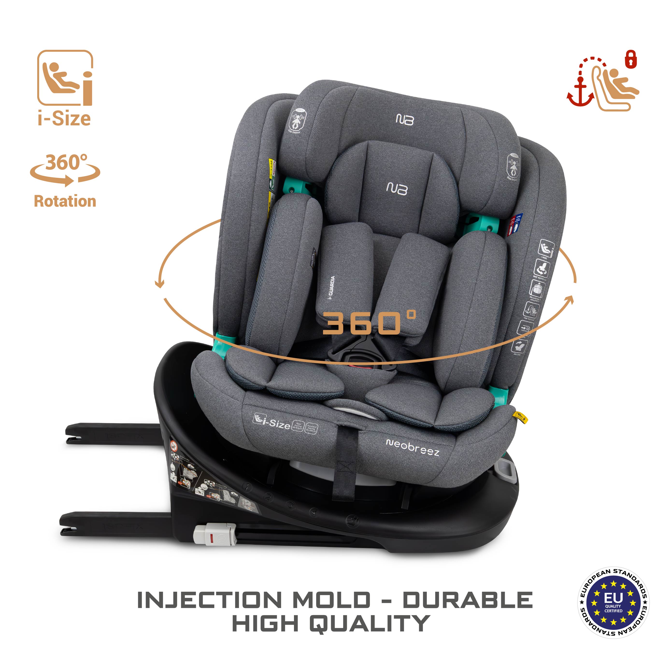Neobreez i Guardia 360 Degree Isofix i Size Car Seat All In1 Grey
