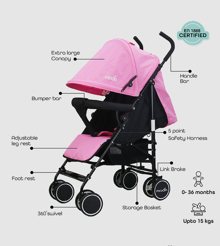 عربة أطفال مون نيو بلس للسفر باللون الوردي