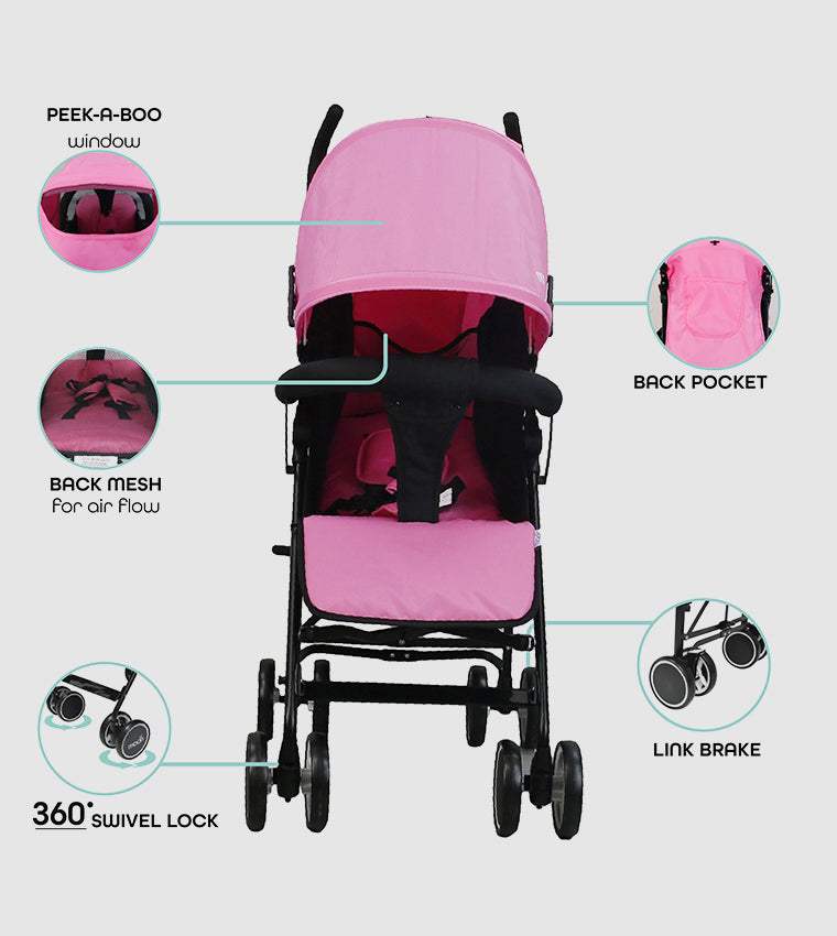 عربة أطفال مون نيو بلس للسفر باللون الوردي