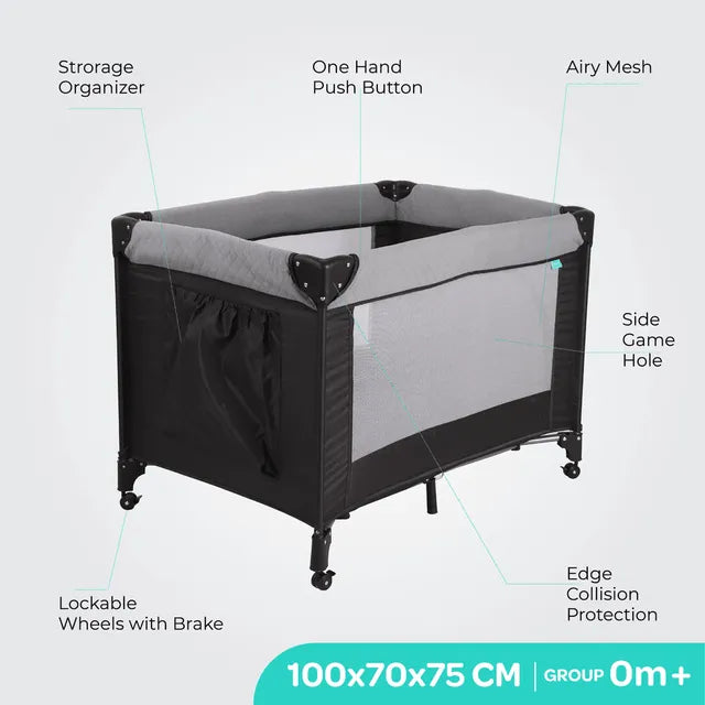 Moon Kidora Easy Fold Playpen With Wheels Black