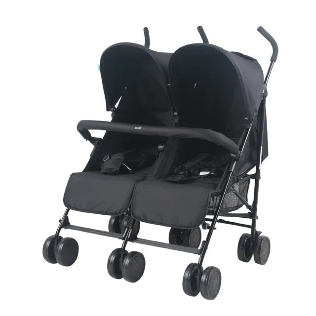 عربة أطفال مزدوجة من مون توينزي، لون أسود، بتصميم متجاور.