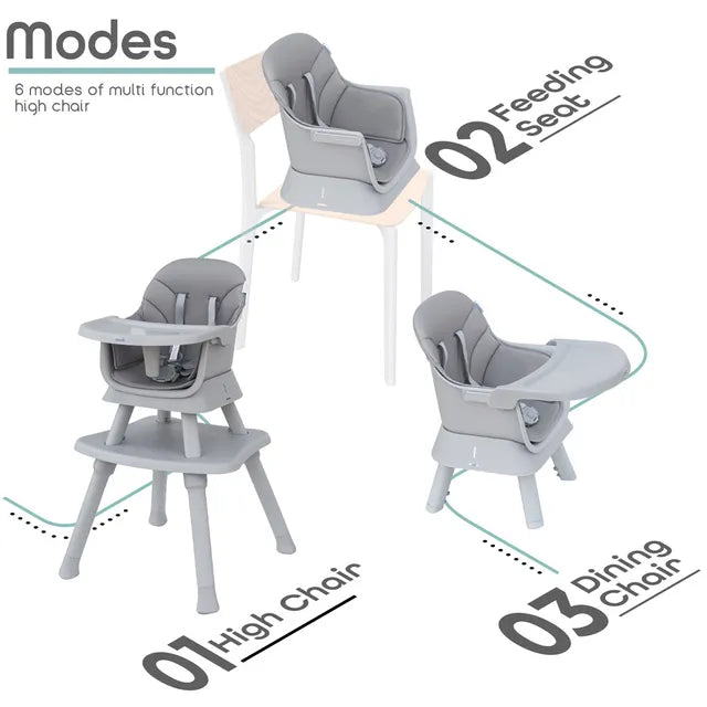 Moon 6 In 1 High Chair with Safety Harness & Belt Grey