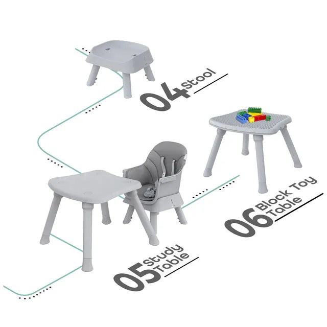 Moon 6 In 1 High Chair with Safety Harness & Belt Grey